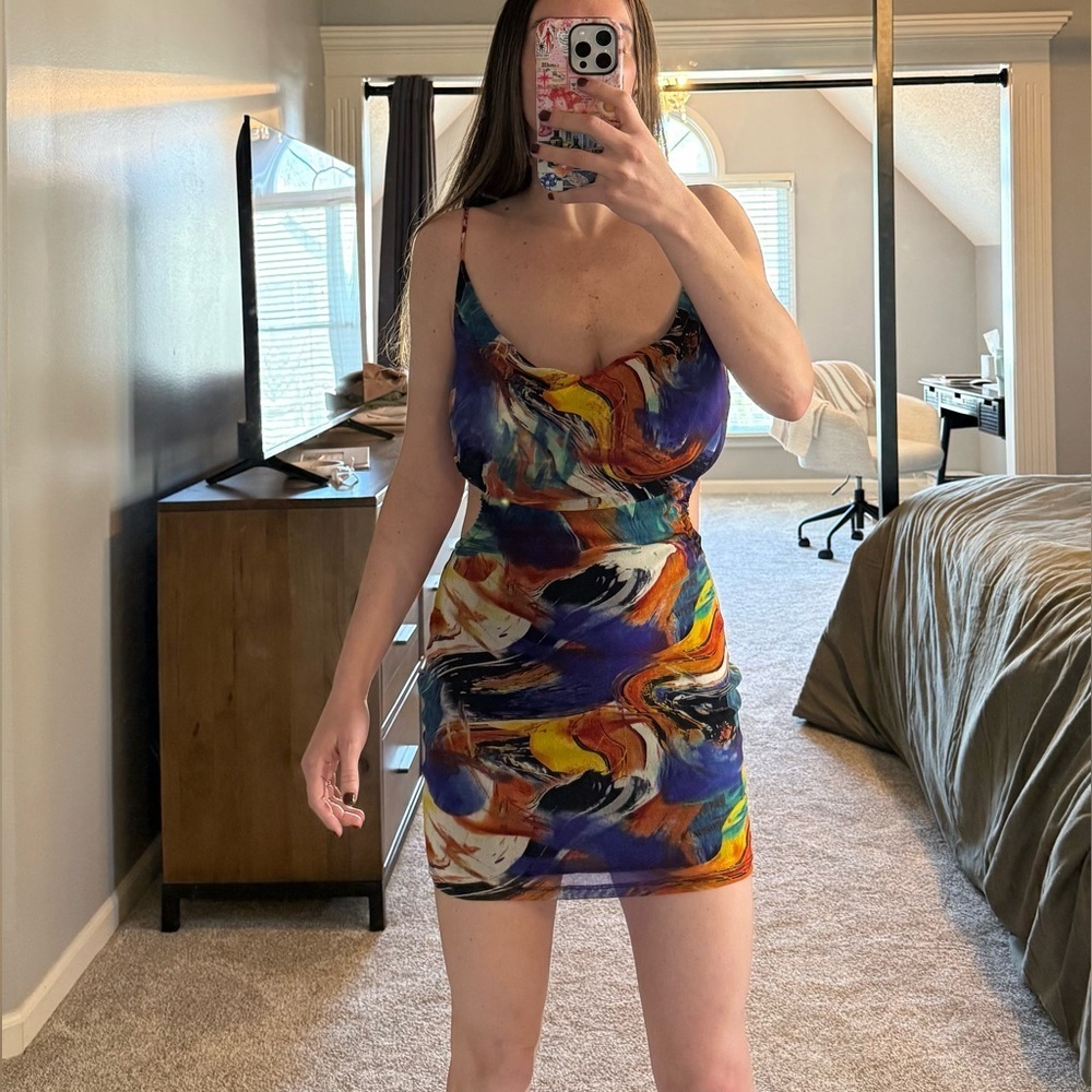 Rumours Cut Out Mini Dress in water color print
